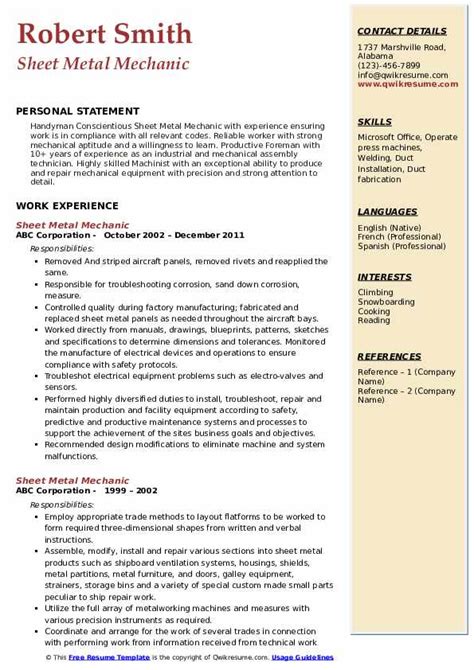 sheet metal fabrication resume sample|sheet metal mechanic resume sample.